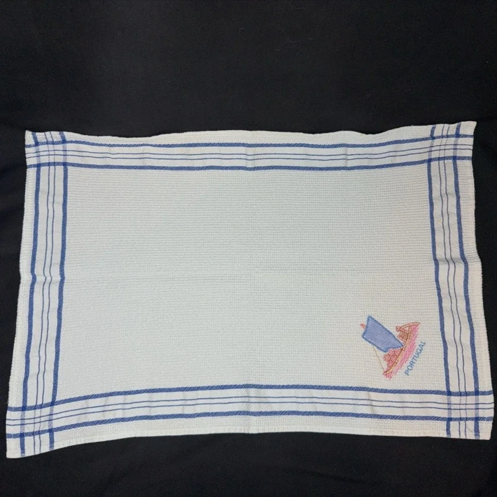 Portugal Embroidered Kitchen Tea Towel White Cotton Boat Nautical Decor
